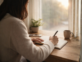 Femme écrivant dans un carnet près d’une fenêtre, symbolisant le recentrage sur ses besoins dans une