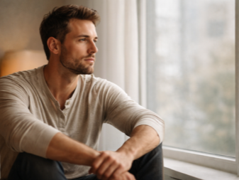 Homme pensif illustrant la distance émotionnelle et le silence en amour.